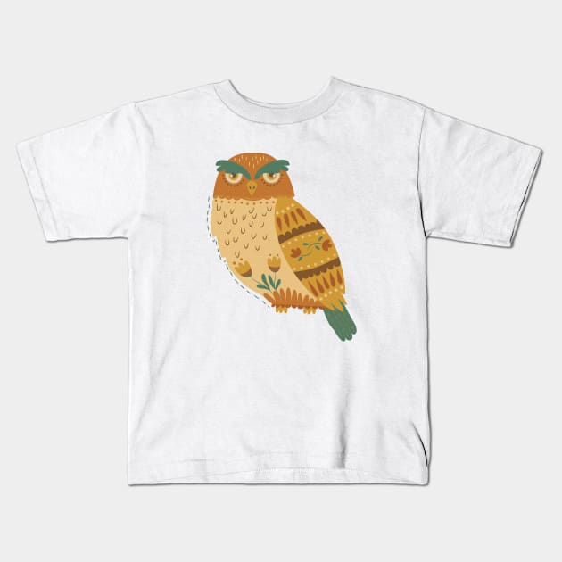 Autumn Folk Art Owl Kids T-Shirt by latheandquill